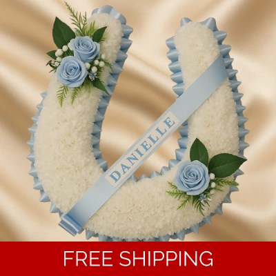 Blue Rose Horseshoe Artificial Funeral Tribute – Personalised Memorial Arrangement